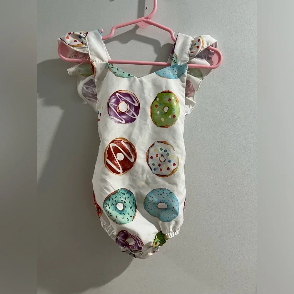 Fyegre Donut Print Ruffle Strap Baby One-Piece with bow